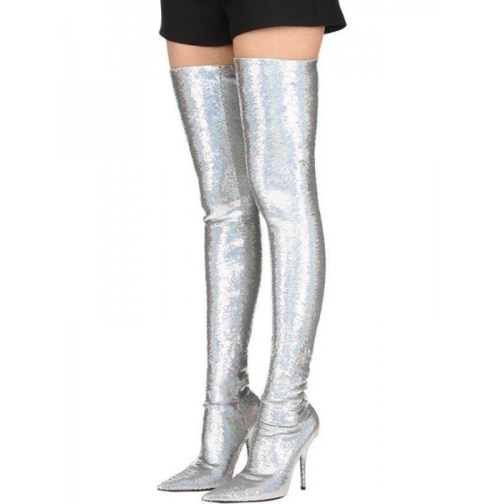 Silver sequin thigh high boots